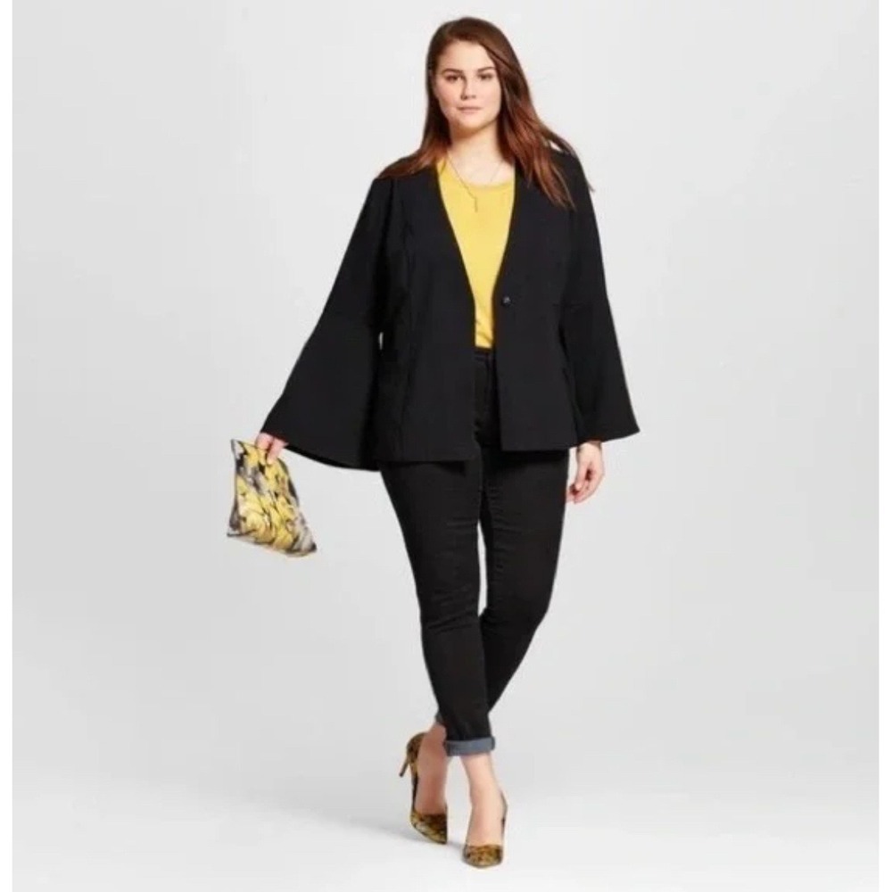 WHO WHAT WEAR Black Bell Sleeve Kimono Style Open Front Blazer Jacket Women's‎ L